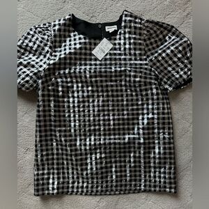 J crew gingham metallic puff sleeve top , checkered silver and black top sz xs